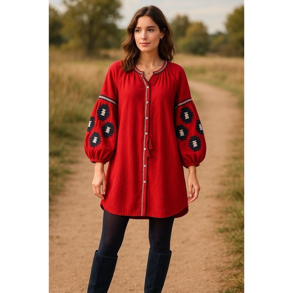 Umgee Women's Boho Peasant Embroidered Shirt Dress Red Balloon Sleeve Red Size M - Picture 13 of 13